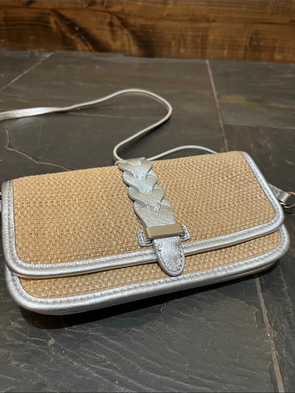 Cole Haan Tan Woven Crossbody with Silver Trim and Braided Accent
